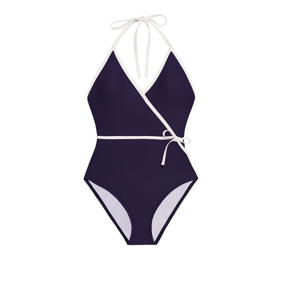 Draper James RSVP Navy White Textured Wrap Halter One Piece Swimsuit NWT